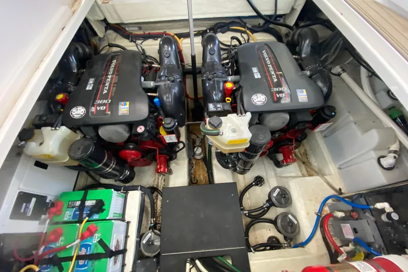  Yacht Photos Pics Engine compartment of a 2017 Monterey 355 Sport Yacht with dual Volvo Penta V8 engines.
