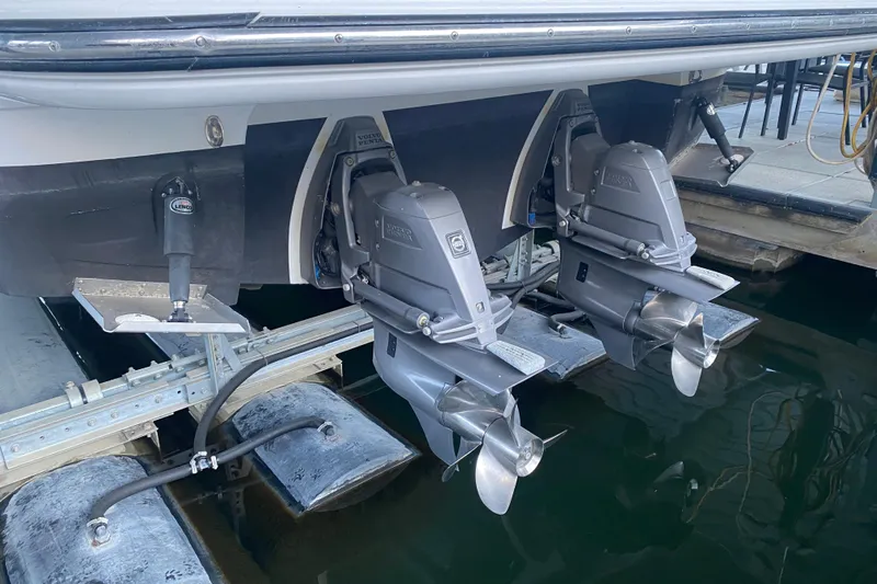  Yacht Photos Pics 2017 Monterey 355 Sport Yacht with dual outboard motors at dockside.