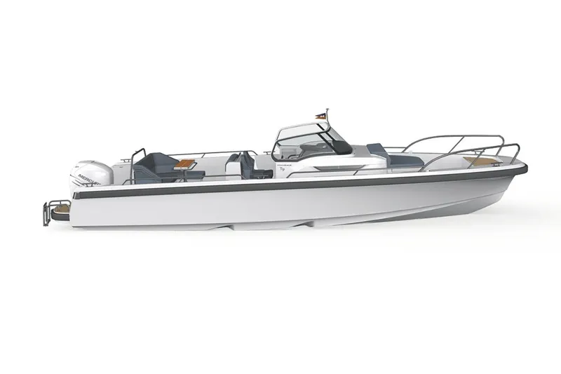  Yacht Photos Pics 2025 Nimbus T9 boat, sleek design, white hull, modern seating, and outboard motor.