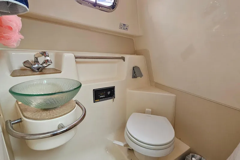  Yacht Photos Pics 2009 Pursuit OS 315 Offshore boat bathroom with glass sink and compact toilet.