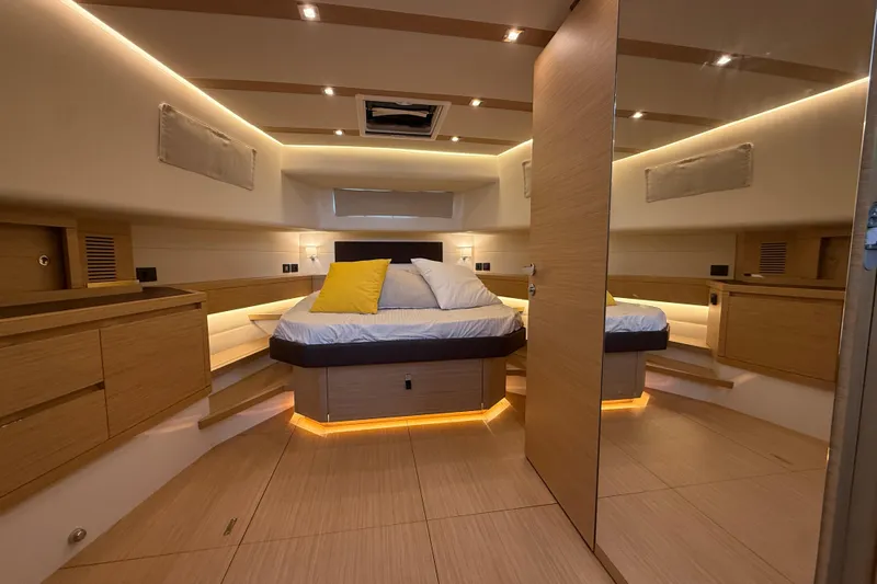 Five 3 Yacht Photos Pics Luxurious 2024 Pardo Yachts 50 cabin interior with modern lighting and wood finishes.