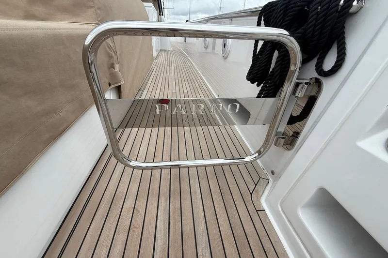 Five 3 Yacht Photos Pics 2024 Pardo Yachts 50, teak deck with stainless steel gate and ropes.