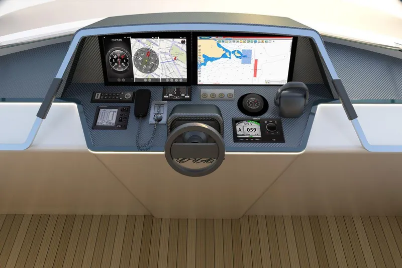  Yacht Photos Pics Helm of 2026 AvA Yachts Voyage 90 with navigation screens and controls.