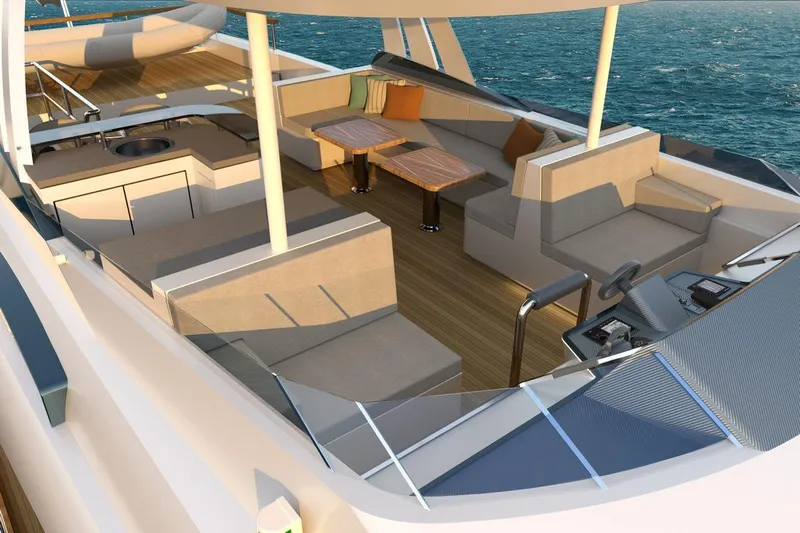  Yacht Photos Pics Luxurious deck of 2026 AvA Yachts Voyage 90, featuring elegant seating and ocean views.