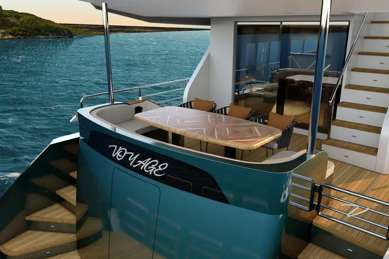  Yacht Photos Pics Luxurious AvA Yachts Voyage 90, 2026 model, featuring elegant outdoor dining area on deck.
