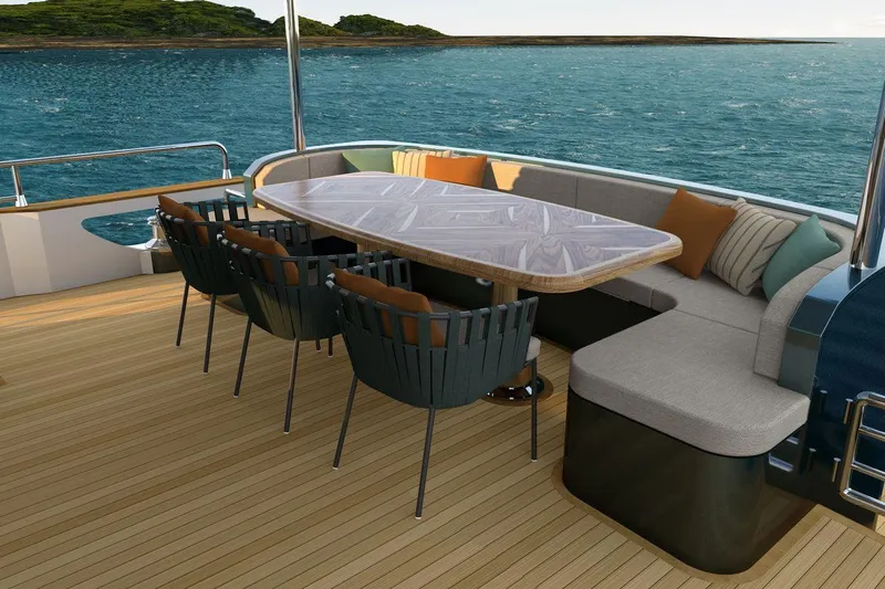  Yacht Photos Pics Luxurious AvA Yachts Voyage 90 deck with elegant seating, ocean view, and modern design, 2026 model.