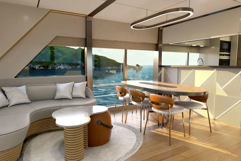  Yacht Photos Pics Luxurious interior of 2026 AvA Yachts Voyage 90 with ocean view and modern furnishings.