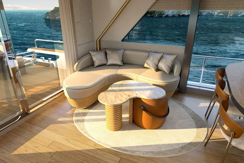  Yacht Photos Pics Luxurious AvA Yachts Voyage 90 interior with ocean view, featuring elegant seating and modern decor.