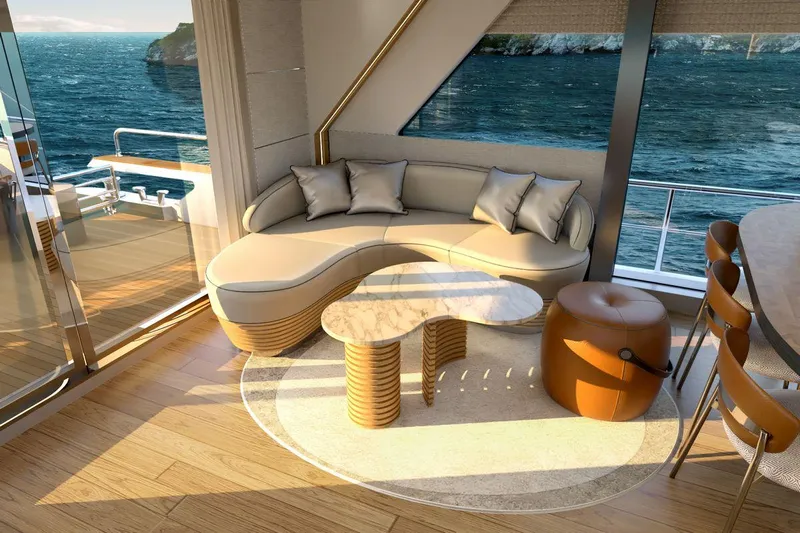  Yacht Photos Pics Luxurious interior of 2026 AvA Yachts Voyage 90 with ocean view and modern furnishings.