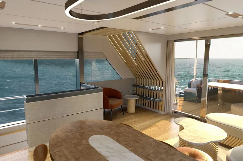  Yacht Photos Pics Luxurious interior of 2026 AvA Yachts Voyage 90 with ocean view and modern furnishings.