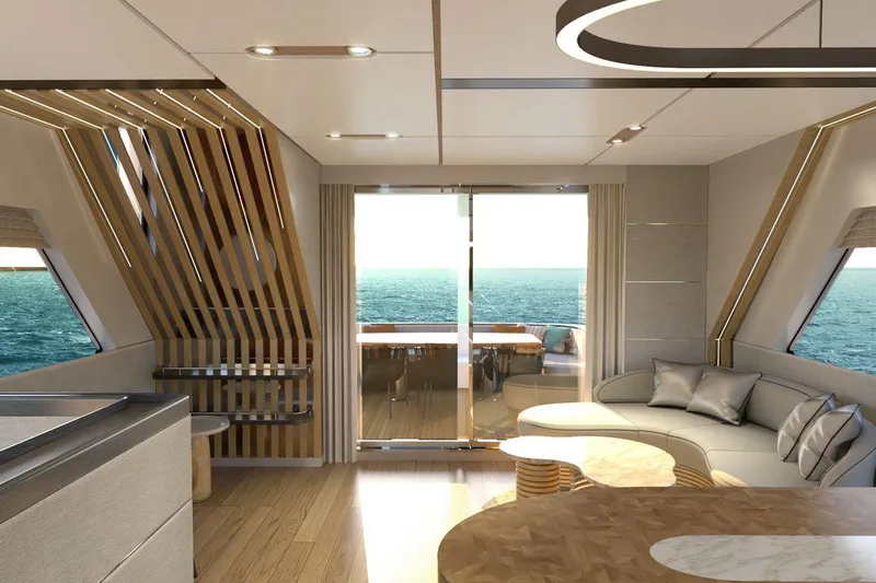  Yacht Photos Pics Luxurious interior of 2026 AvA Yachts Voyage 90 with ocean view and modern design.