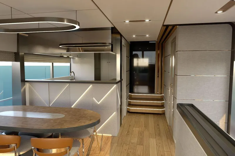  Yacht Photos Pics Luxurious interior of 2026 AvA Yachts Voyage 90, featuring modern kitchen and dining area.