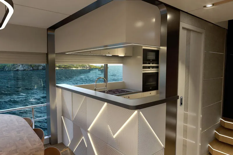  Yacht Photos Pics Luxurious interior of 2026 AvA Yachts Voyage 90 with modern kitchen and ocean view.