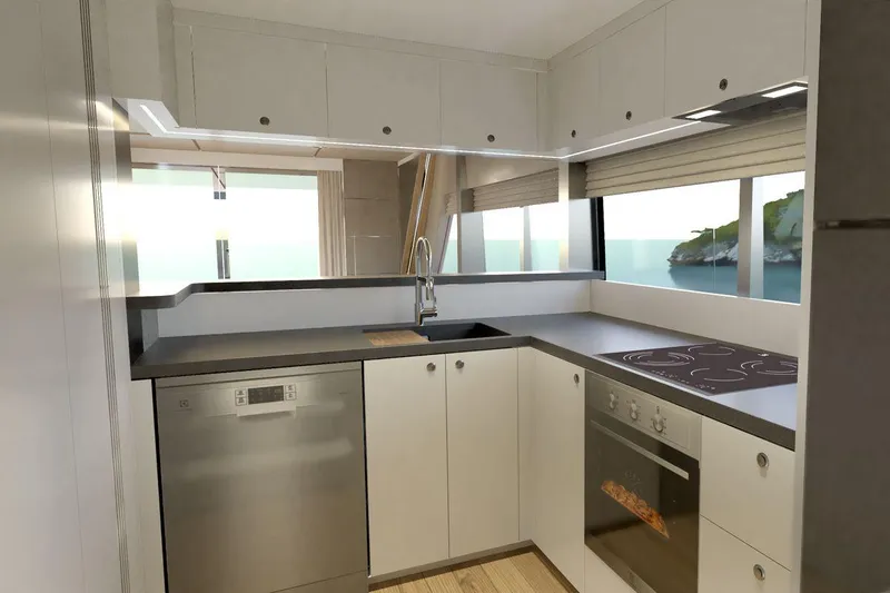  Yacht Photos Pics Modern kitchen interior on AvA Yachts Voyage 90, 2026 model, with ocean view.