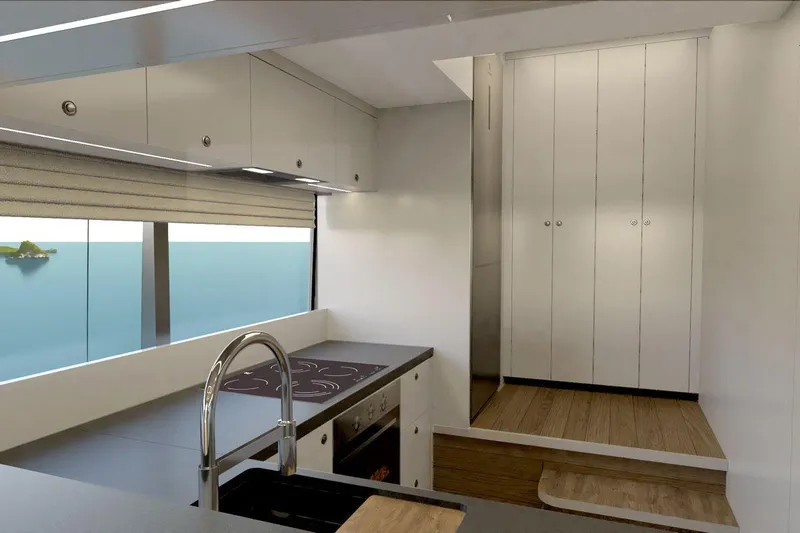  Yacht Photos Pics Modern kitchen interior on AvA Yachts Voyage 90, 2026 model, featuring sleek design and ocean view.