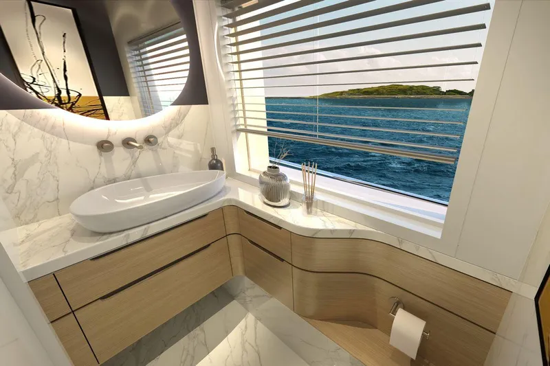  Yacht Photos Pics Luxurious bathroom interior on AvA Yachts Voyage 90, 2026, with ocean view.
