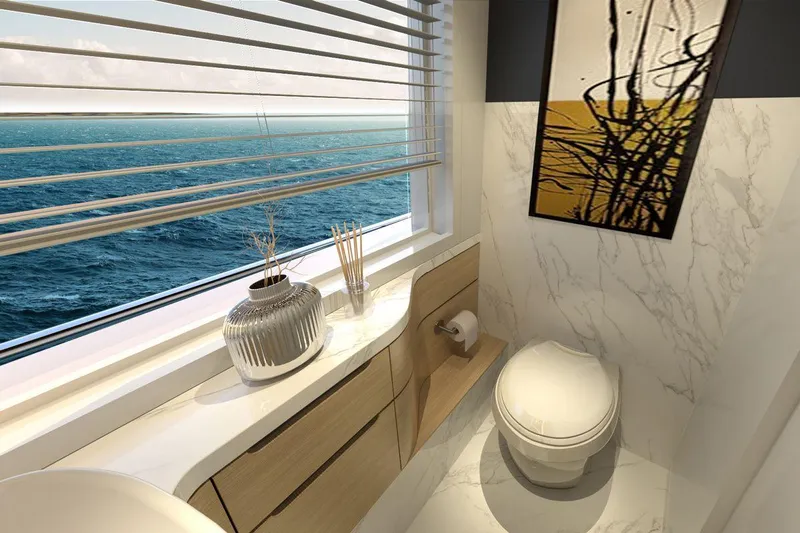  Yacht Photos Pics Luxurious bathroom on AvA Yachts Voyage 90, 2026 model, with ocean view and modern decor.