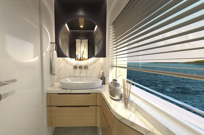  Yacht Photos Pics Luxurious bathroom on AvA Yachts Voyage 90, 2026 model, with ocean view and modern design.