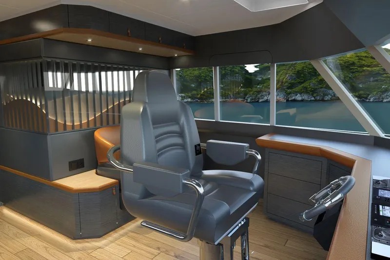  Yacht Photos Pics Pilothouse interior of 2026 AvA Yachts Voyage 90, featuring modern helm and panoramic windows.