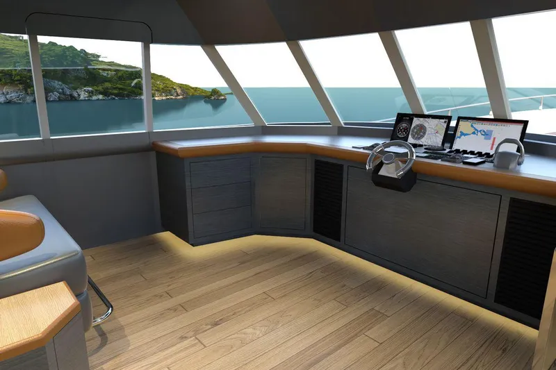  Yacht Photos Pics Pilothouse of 2026 AvA Yachts Voyage 90, featuring modern navigation equipment and panoramic windows.