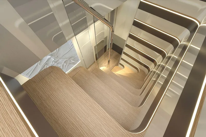  Yacht Photos Pics Luxurious interior staircase of AvA Yachts Voyage 90, 2026 model, featuring modern design elements.