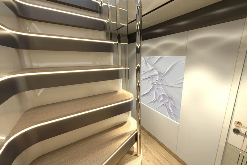  Yacht Photos Pics Modern interior of AvA Yachts Voyage 90, 2026, featuring sleek staircase and elegant wall design.