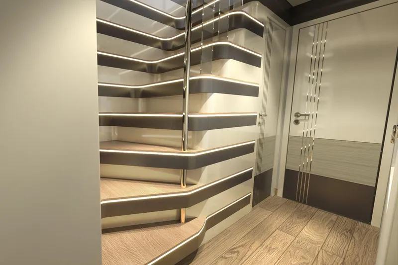  Yacht Photos Pics Modern interior staircase on AvA Yachts Voyage 90, 2026 model, featuring sleek design and wood accents.
