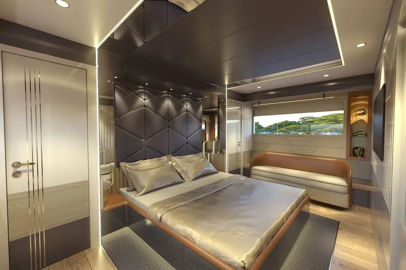  Yacht Photos Pics Luxurious bedroom interior of 2026 AvA Yachts Voyage 90, featuring modern design and elegant furnishings.