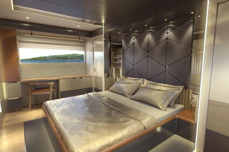  Yacht Photos Pics Luxurious bedroom interior of 2026 AvA Yachts Voyage 90 with modern design and elegant furnishings.