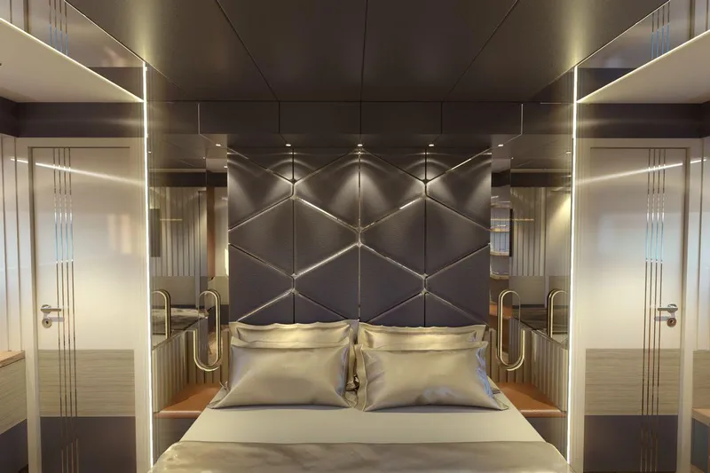  Yacht Photos Pics Luxurious bedroom interior of AvA Yachts Voyage 90, 2026 model, featuring elegant design elements.