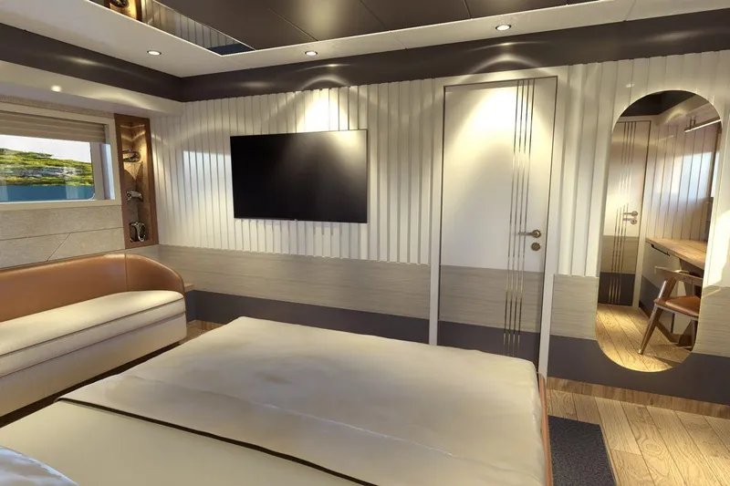  Yacht Photos Pics Luxurious AvA Yachts Voyage 90 cabin interior, featuring modern design and elegant furnishings, 2026 model.