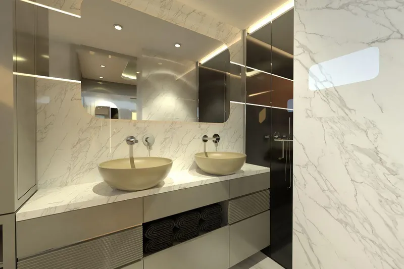  Yacht Photos Pics Luxurious bathroom interior of AvA Yachts Voyage 90, 2026 model, featuring dual sinks and marble accents.