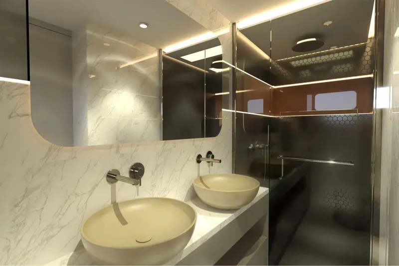  Yacht Photos Pics Luxurious bathroom in 2026 AvA Yachts Voyage 90, featuring dual sinks and modern design.