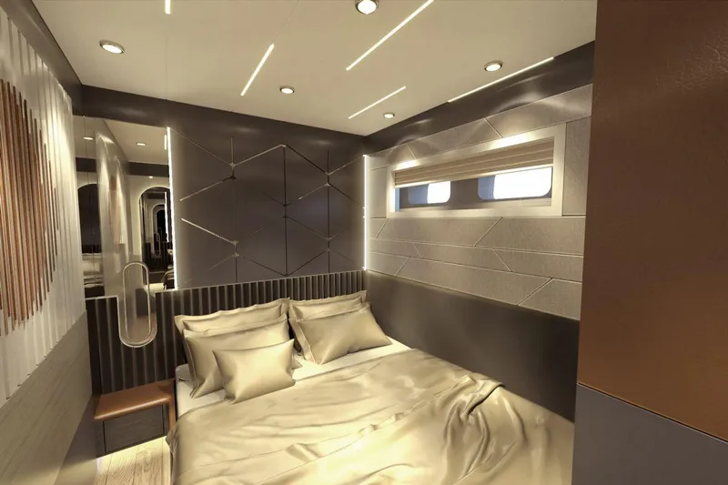  Yacht Photos Pics Luxurious bedroom interior of AvA Yachts Voyage 90, 2026 model, featuring modern design elements.