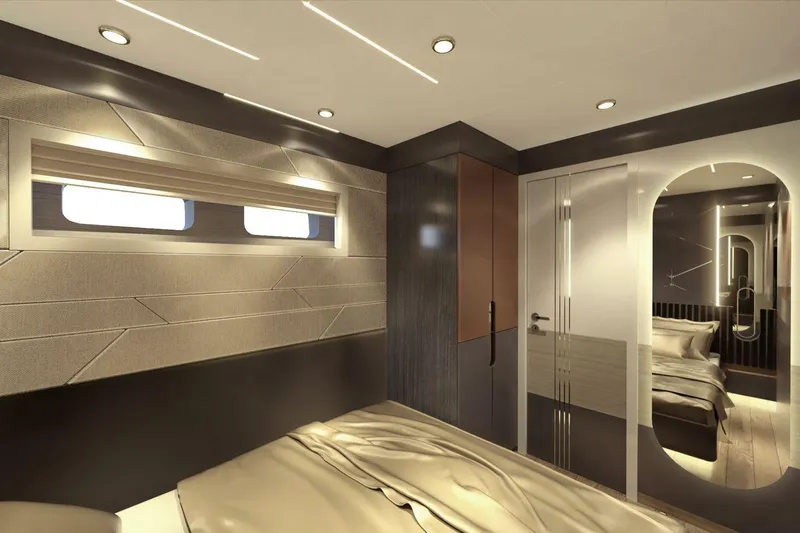  Yacht Photos Pics Luxurious bedroom interior of 2026 AvA Yachts Voyage 90, featuring modern design and ambient lighting.