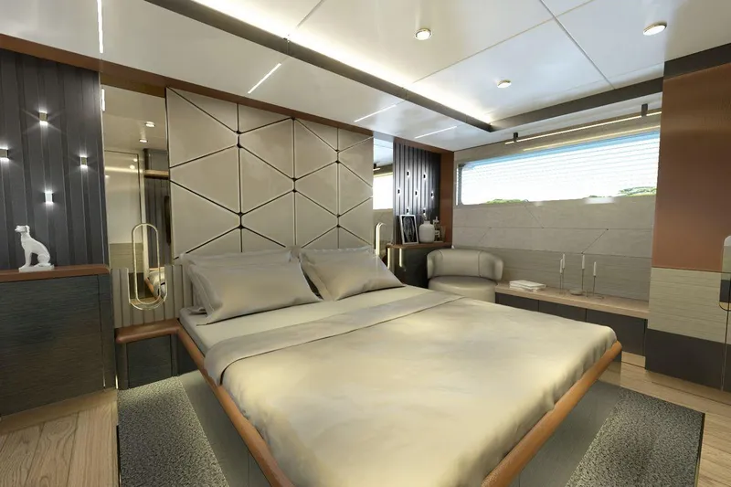  Yacht Photos Pics Luxurious bedroom interior of AvA Yachts Voyage 90, 2026 model, featuring modern design elements.