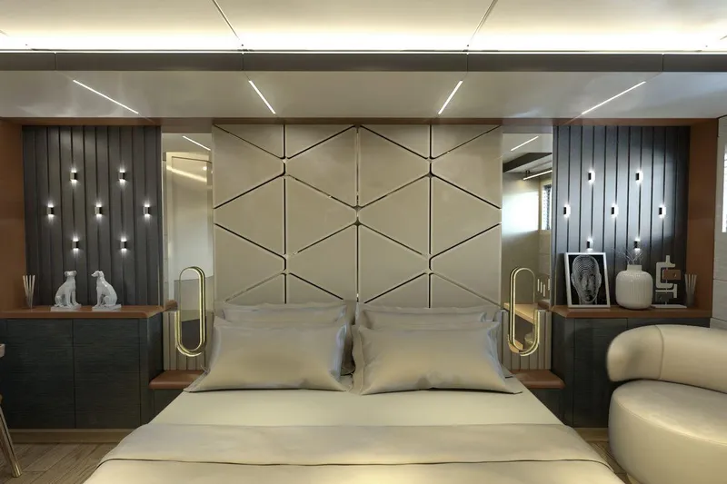  Yacht Photos Pics Luxurious bedroom interior of AvA Yachts Voyage 90, 2026 model, featuring modern design elements.