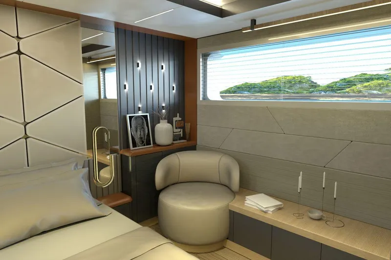 Yacht Photos Pics Luxurious cabin interior of AvA Yachts Voyage 90, 2026 model, featuring modern design and scenic window view.