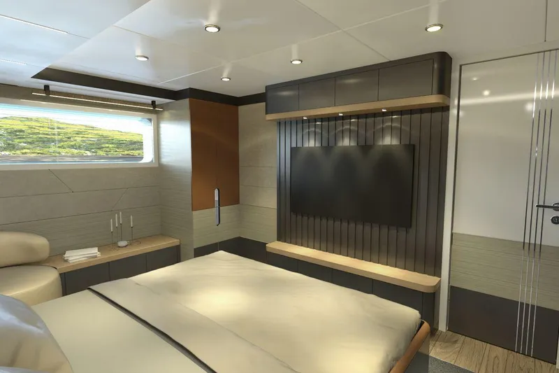  Yacht Photos Pics Luxurious bedroom interior of 2026 AvA Yachts Voyage 90, featuring modern design and large window.