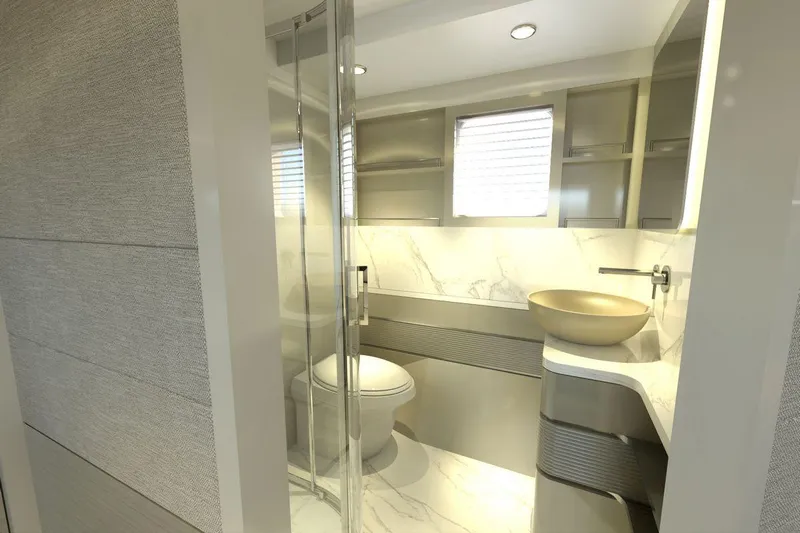  Yacht Photos Pics Luxurious bathroom in 2026 AvA Yachts Voyage 90, featuring modern fixtures and elegant design.