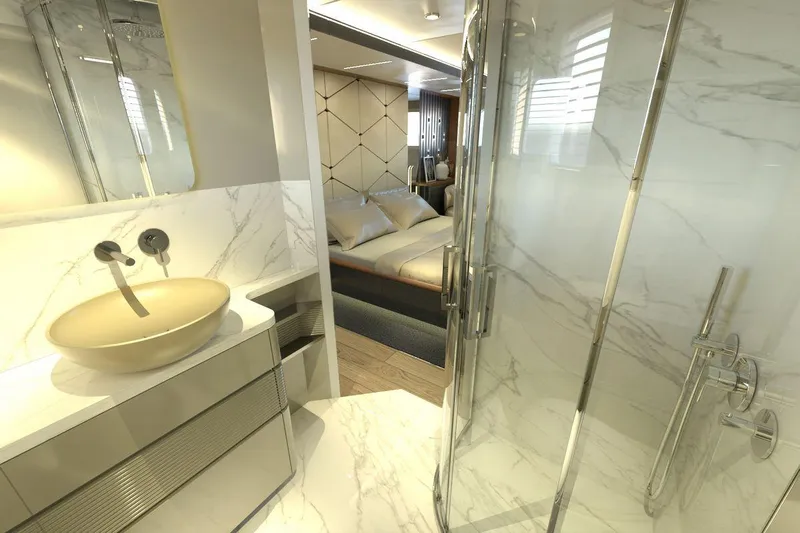  Yacht Photos Pics Luxurious bathroom and bedroom interior of 2026 AvA Yachts Voyage 90, featuring modern design.