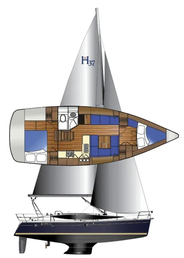 Blu Yacht Photos Pics 2016 Marlow-Hunter 37 sailboat layout and side view.