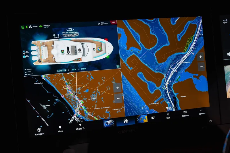 Let&rsquo;s Go Yacht Photos Pics Navigation display of 2025 Regal 38 SAV boat with detailed marine maps.