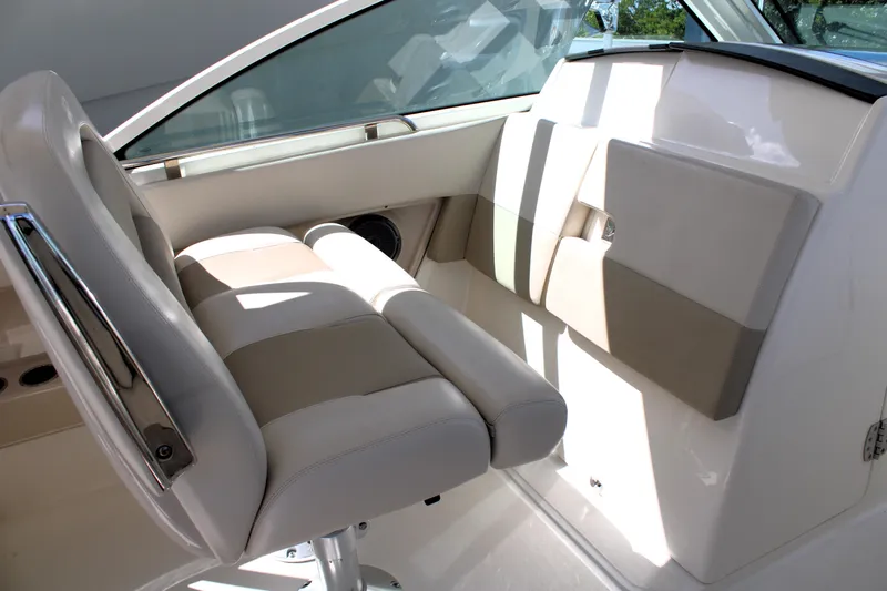  Yacht Photos Pics Interior seating of 2021 Boston Whaler 320 Vantage boat, featuring sleek design and comfortable upholstery.