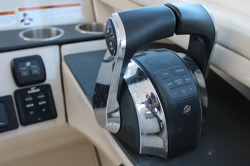  Yacht Photos Pics Throttle control panel of 2021 Boston Whaler 320 Vantage boat, featuring modern design.