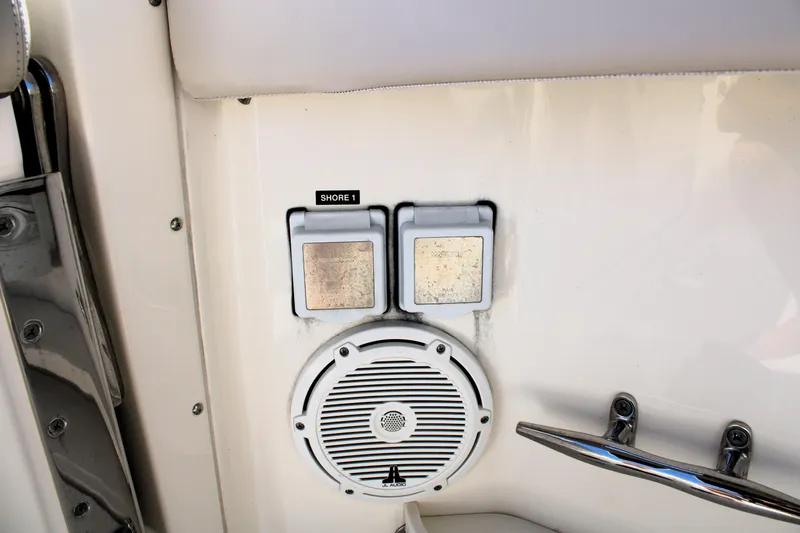  Yacht Photos Pics 2021 Boston Whaler 320 Vantage boat speaker and shore power outlet.