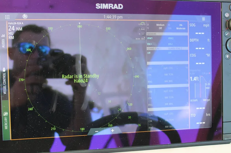  Yacht Photos Pics Simrad radar display on 2021 Boston Whaler 320 Vantage, showing standby mode.