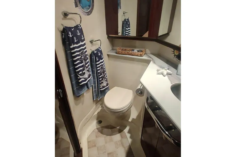  Yacht Photos Pics Bathroom interior of 2007 Sea Ray 58 Sedan Bridge yacht with nautical-themed decor.