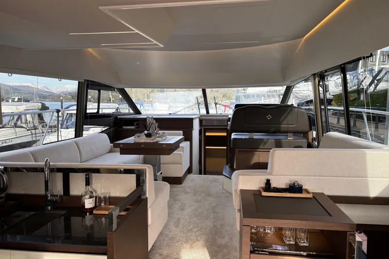  Yacht Photos Pics Luxurious interior of 2020 Prestige 520 yacht with elegant seating and modern amenities.