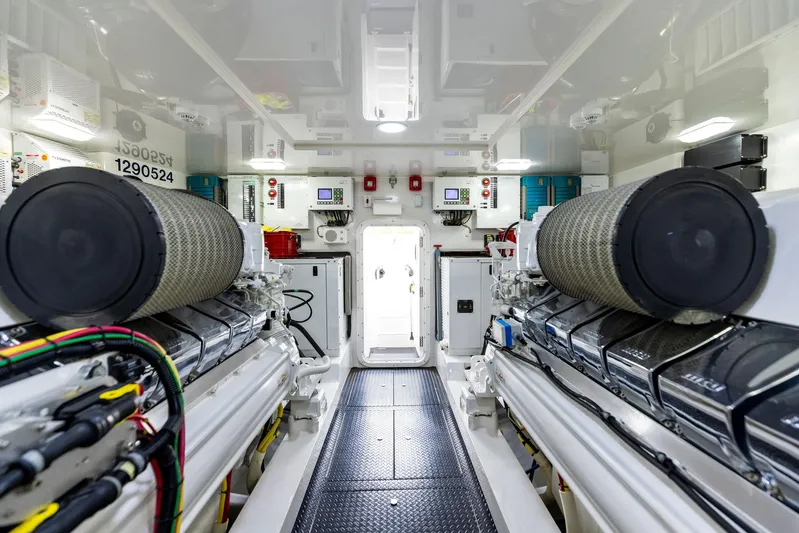 Mvp Yacht Photos Pics Engine room of a 2018 Viking 80 Convertible yacht with dual engines.